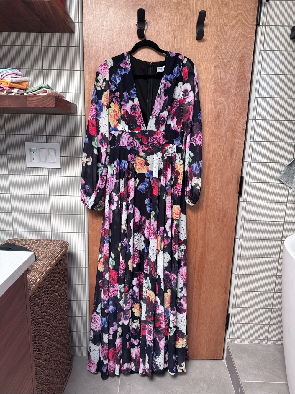Floral Print Illusion Long Sleeve V Neck Gown